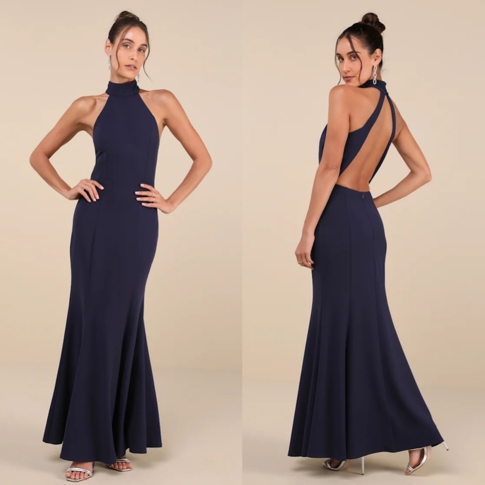 Lulus Exceptional Reputation Navy Backless Mermaid Maxi Dress L Wedding Party